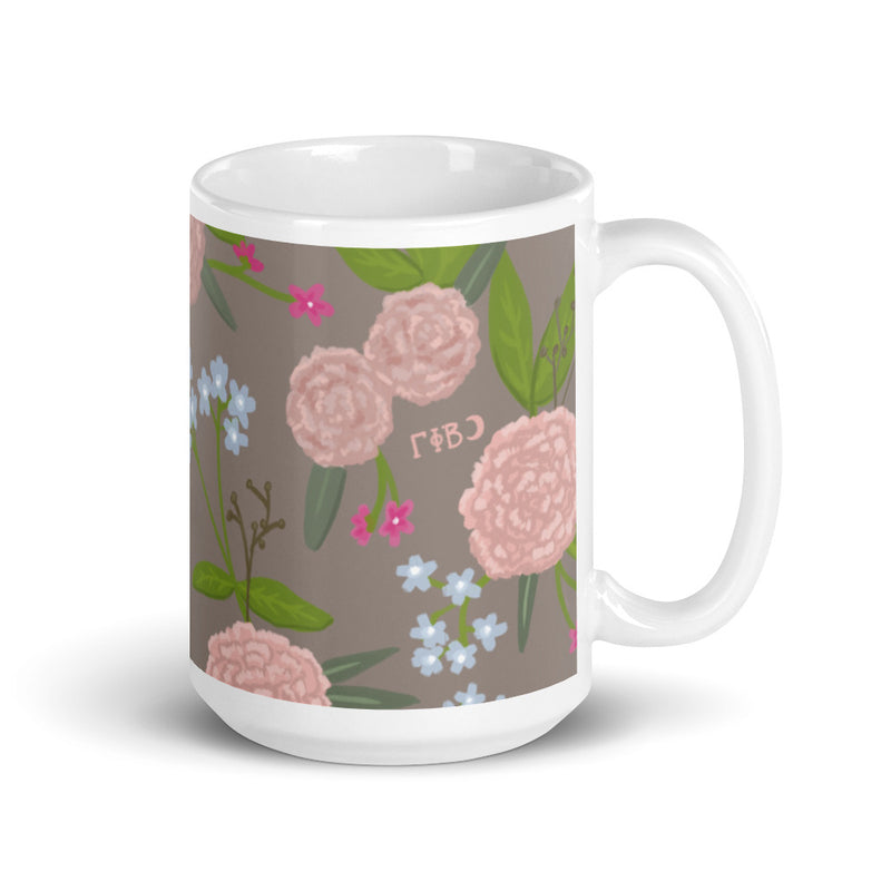 Gamma Phi Beta Floral Pattern Mocha Glossy Mug in 15 oz size