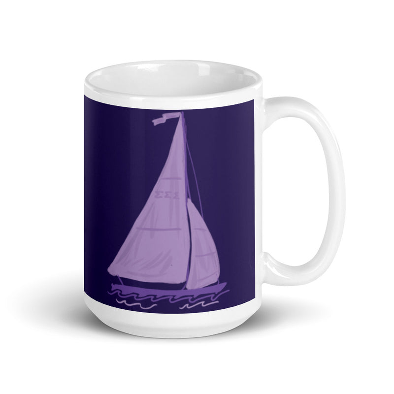 Tri Sigma Sailboat Purple Glossy Mug in 15 oz size