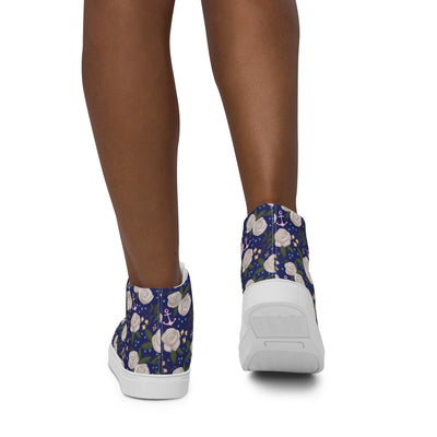 Rear view of Dee Gee Rose Floral Print High Top Canvas Shoes, Navy Blue shown from back on woman's feet
