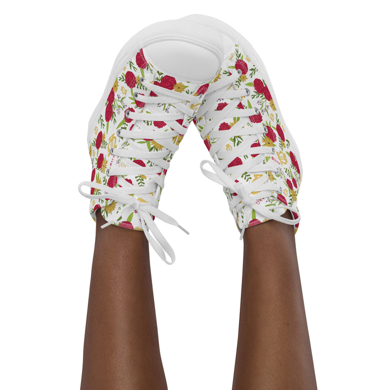 Alpha Chi Omega Carnation Floral Print White High Tops in pigeon feet view