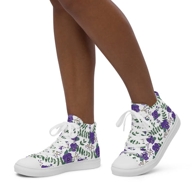 Side view of the Tri Sigma Violet Floral Canvas High Tops with sorority flower and symbols in the print.