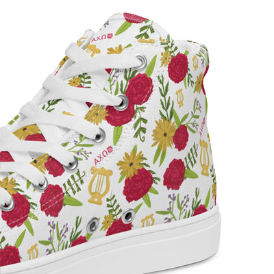 Alpha Chi Omega Carnation Floral Print White High Tops showing side of tennis shoes