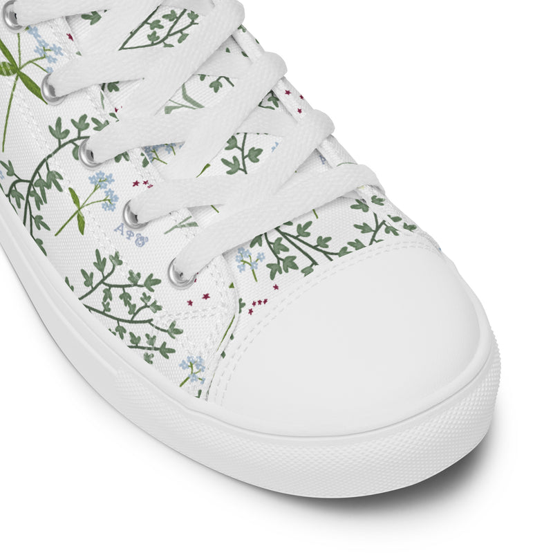 Alpha Phi Lily Floral Print High Tops, White showing toe area of canvas shoes
