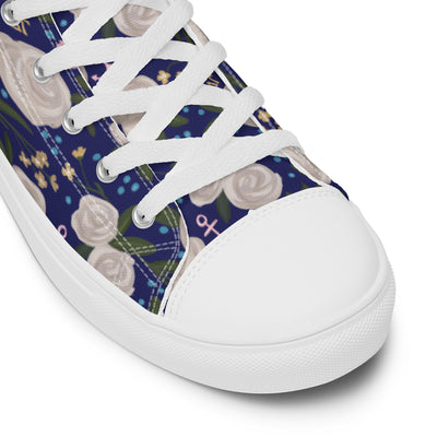 Close Up view of Dee Gee Rose Floral Print High Top Canvas Shoes, Navy Blue in detail view