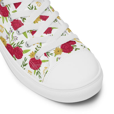 Alpha Chi Omega Carnation Floral Print White High Tops in close up view