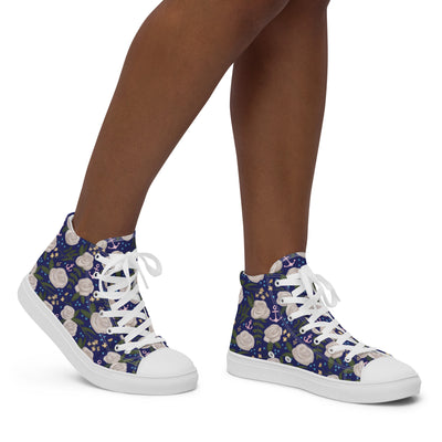 Side view of Dee Gee Rose Floral Print High Top Canvas Shoes, Navy Blue shown in side profile