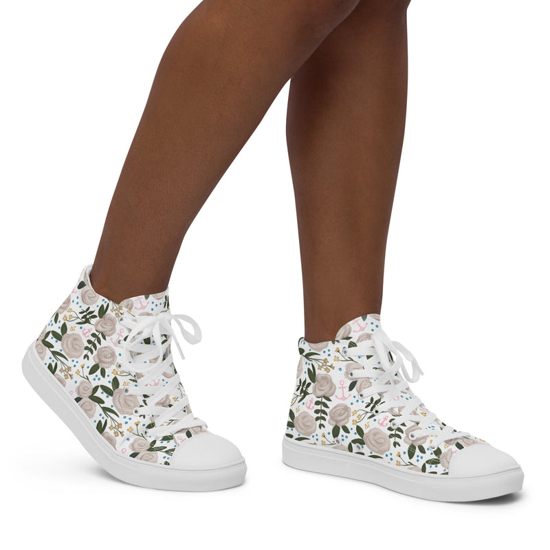 Delta Gamma Rose Floral Canvas High Tops, White shown in walking mode