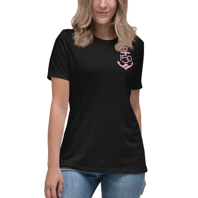 Delta Gamma relaxed black t-shirt with 150th Anniversary design on front and back in pink,