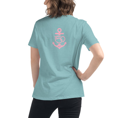Back of Delta Gamma 150th Anniversary Women's Relaxed T-Shirt in heather blue