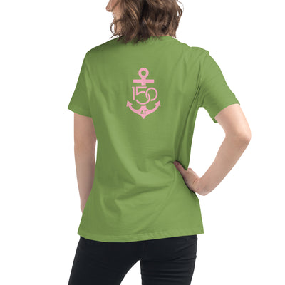 Back of Delta Gamma 150th Anniversary Women's Relaxed T-Shirt in green with pink logo