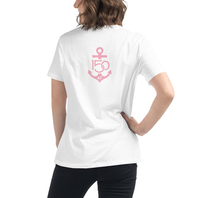 Back of Delta Gamma 150th Anniversary Women's Relaxed T-Shirt in white shown on woman