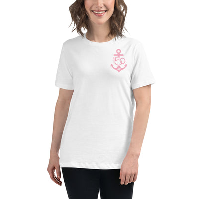 Delta Gamma 150th Anniversary Women's Relaxed T-Shirt shown in white on woman