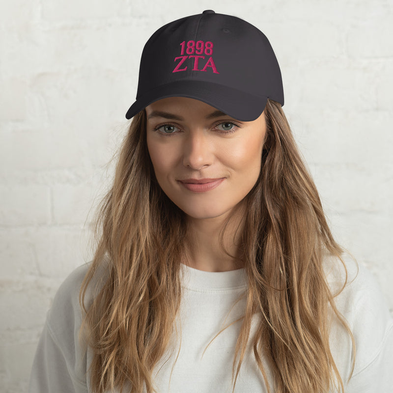 Zeta Tau Alpha Embroidered Baseball Cap with Pink Embroidery on dark gray cap