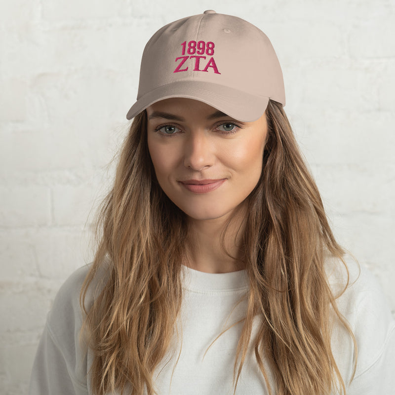 Zeta Tau Alpha Embroidered Baseball Cap with Pink Embroidery on beige cap