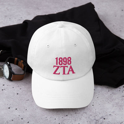 Zeta Tau Alpha Embroidered Baseball Cap with Pink Embroidery on white cap