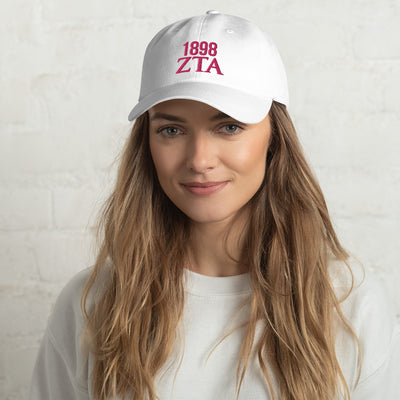 Zeta Tau Alpha 1898 Founding Year Baseball Hat with Pink Embroidery on white cap