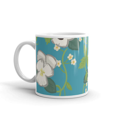 Zeta Tau Alpha Violet Floral Print Mug in 11 oz size in turquoise with handle on left