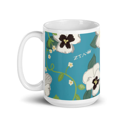 Zeta Tau Alpha Violet Floral Print Mug in 15 oz size in Turquoise with handle on left
