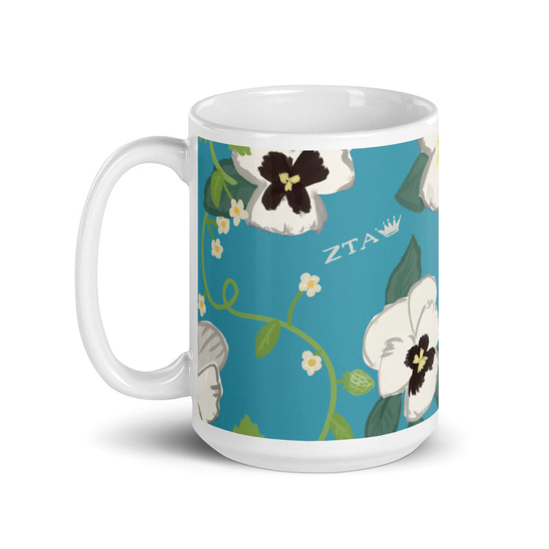 Zeta Tau Alpha Violet Floral Print Mug in 15 oz size in Turquoise with handle on left