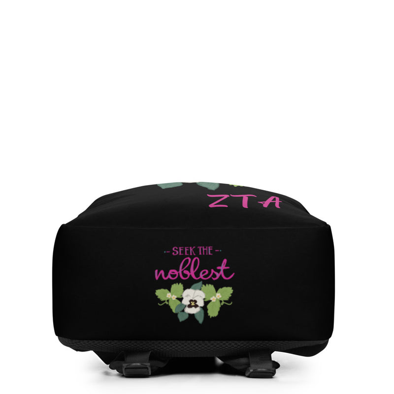 Bottom view of the Zeta Tau Alpha Seek The Noblest Motto Black Backpack