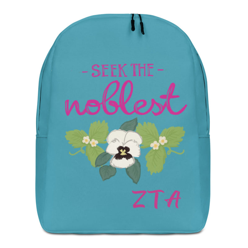 Zeta Tau Alpha Seek The Noblest Motto Turquoise Backpack in front view