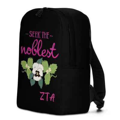 Side view of Zeta Tau Alpha Motto backpack in black shown in side view