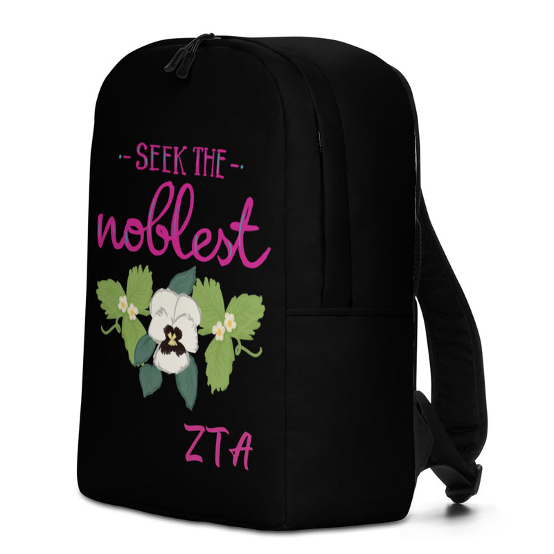 Side view of Zeta Tau Alpha Motto backpack in black shown in side view