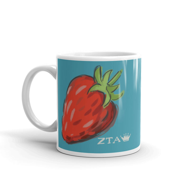 Zeta Tau Alpha Strawberry Mug in turquoise in 11 oz size with handle on left