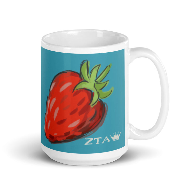 Zeta Tau Alpha Strawberry Mug in turquoise in 15 oz size with handle on right