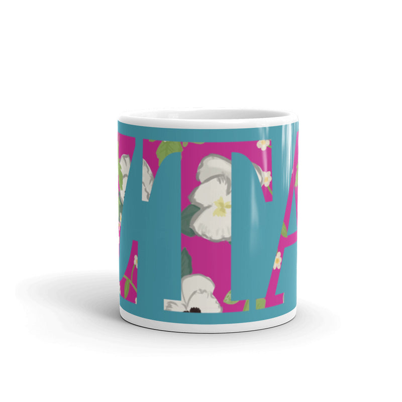 Zeta Tau Alpha Letters Mug showing design wrapping around turquoise mug