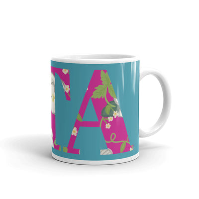 Zeta Tau Alpha Letters Turquoise Mug shown in 11 oz size with white background