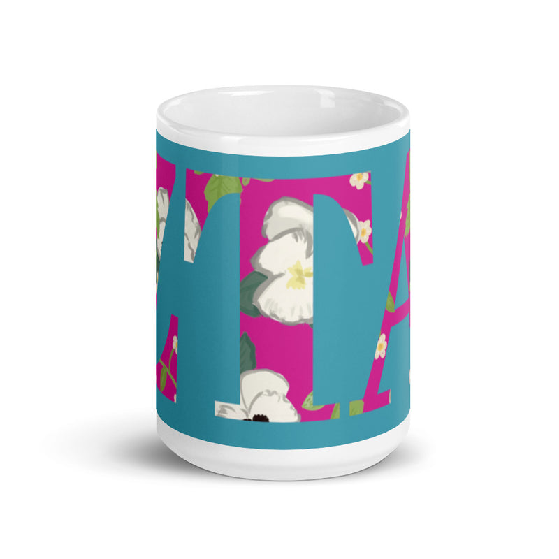 Zeta Tau Alpha Letters Turquoise Mug showing design wrapping around mug