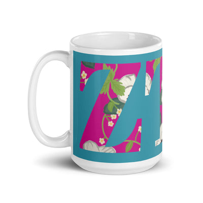 Zeta Tau Alpha Letters Turquoise Mug in 15 oz size with handle on left